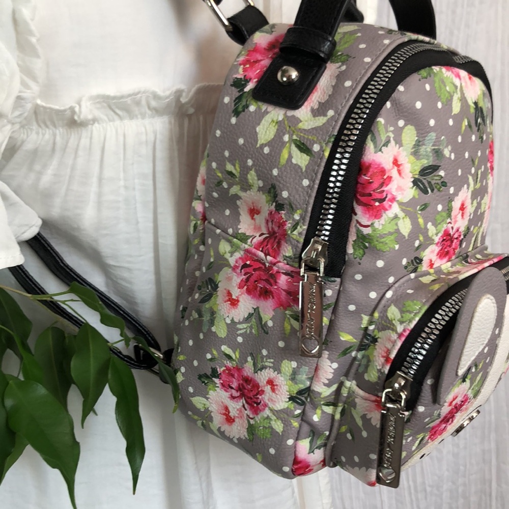 BETSEY JOHNSON  French Bull dog roses pattern mini backpack w/shoulder straps - Picture 3 of 15